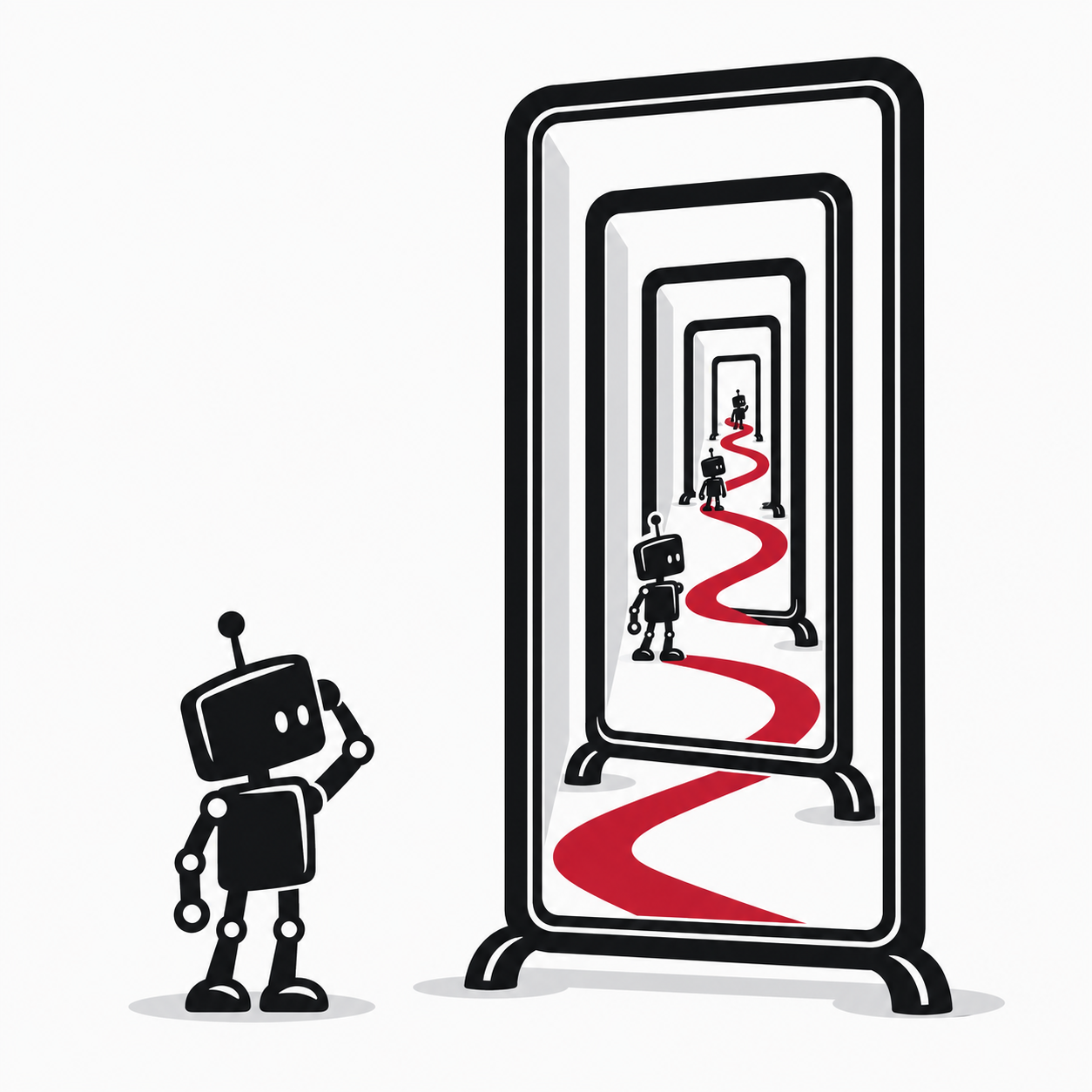A robot attacker follows a red path into a corridor of mirrors.